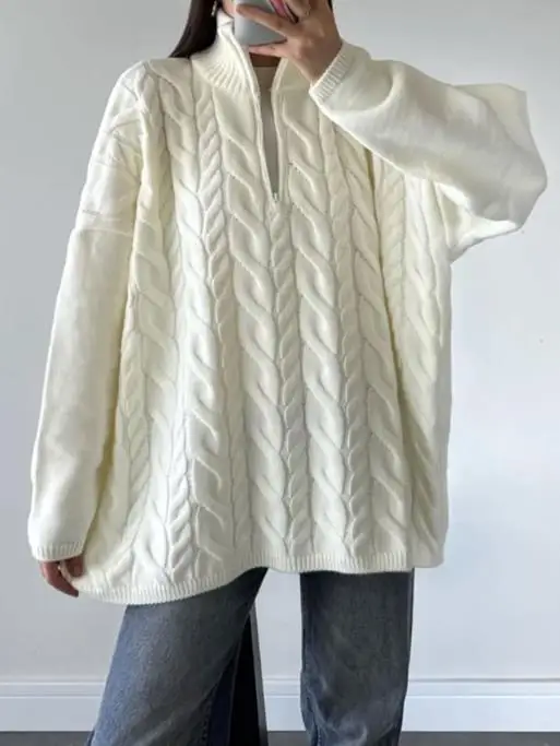 Maglione lavorato a maglia jacquard con colletto solido allentato autunno e inverno per donna maglione casual con cerniera semplice