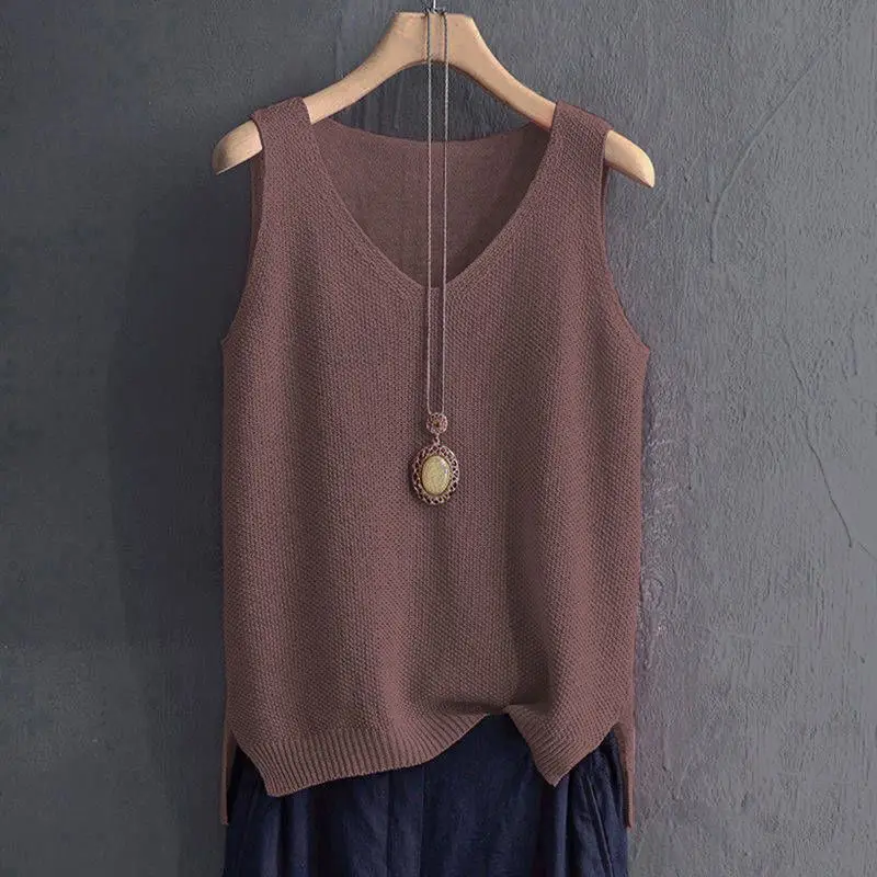 40-100Kg Women Clothing Casual Loose Oversized Solid Sweater Vest Summer Knit Ice Silk T-shirt Chic Sleeveless All-match Tops