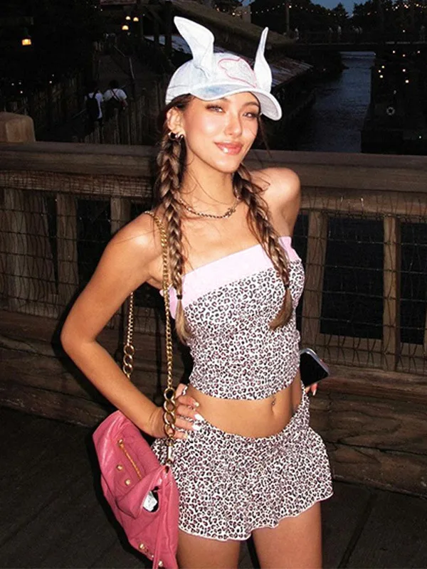 ピンクボム スパイシーガール トレンディ ミレニアム Y2K セット ストラップトップまたはスカート スウィートガール レオパードプリント INS 着痩せファッショナブルな衣装