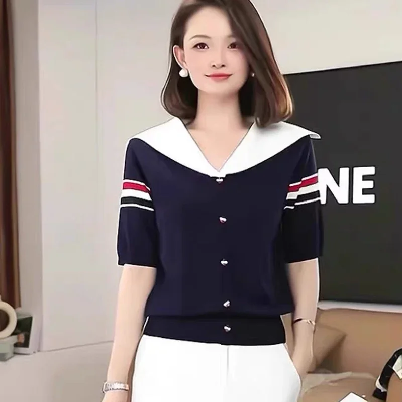 

Office Lady Fake 2-piece V-neck Vintage Fashion T-shirt Summer Women Striped V-neck Short Sleeve Knitwear Tops