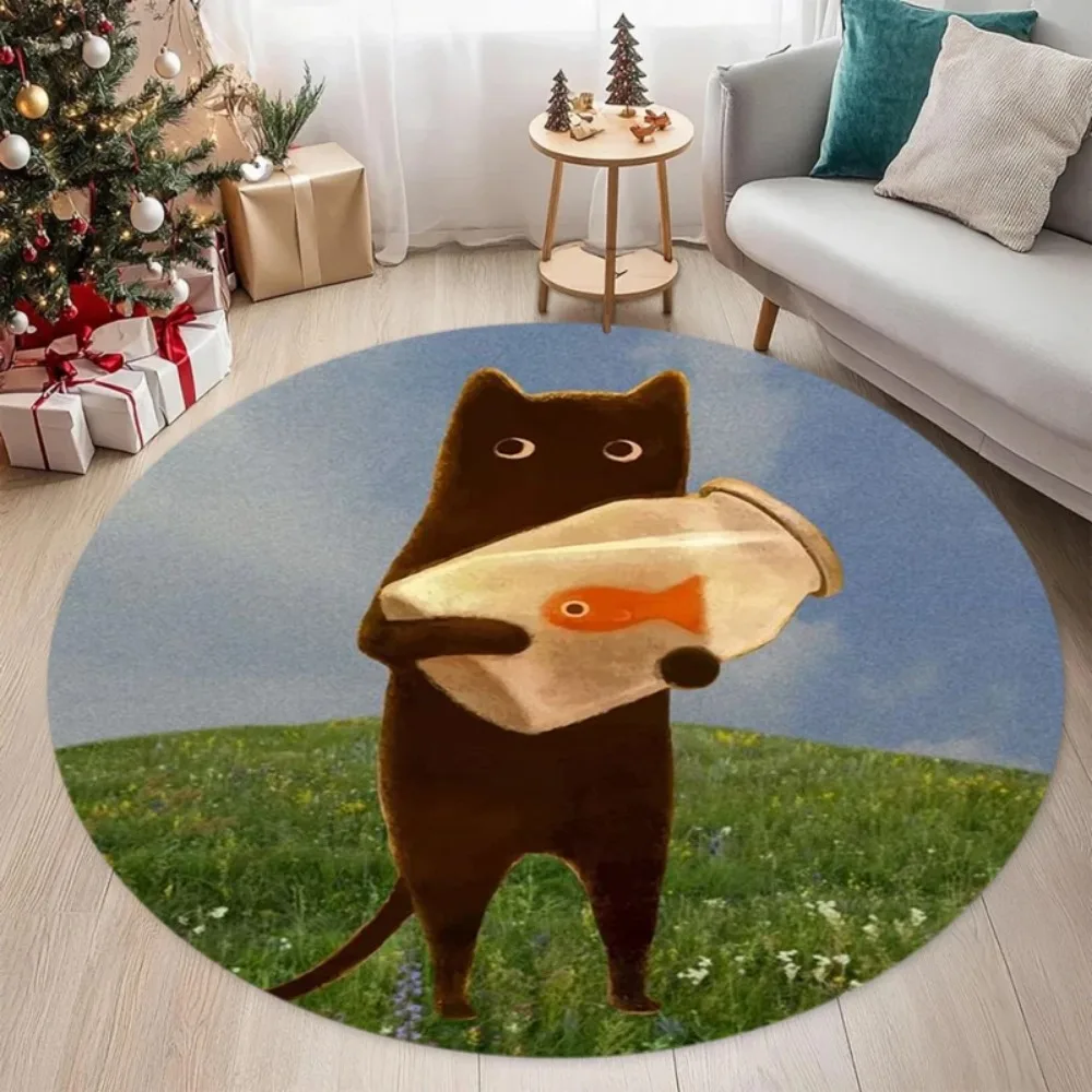 Cute Black Cat Holding Goldfish Round Rug Surrealist Animal Art Carpet, Washable Non-Slip Living Room Bedroom Floor Mat, 1PC