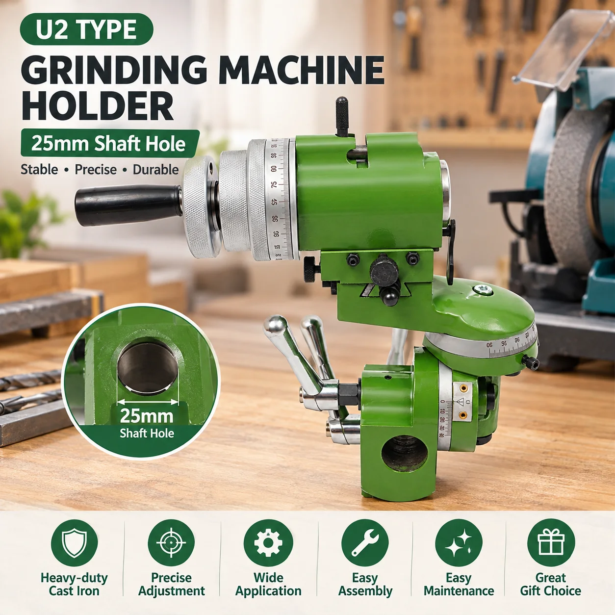 25mm Bore U2 Universal Grinding Machine Grinding Machine Tool Holder Multifunctional Grinding Stand Heavy Duty Cast Iron Adjustable Angle Precision Dial Tool Sharpener Mount with Clear Scale for Workshop Lathe Factory Tool Grinding