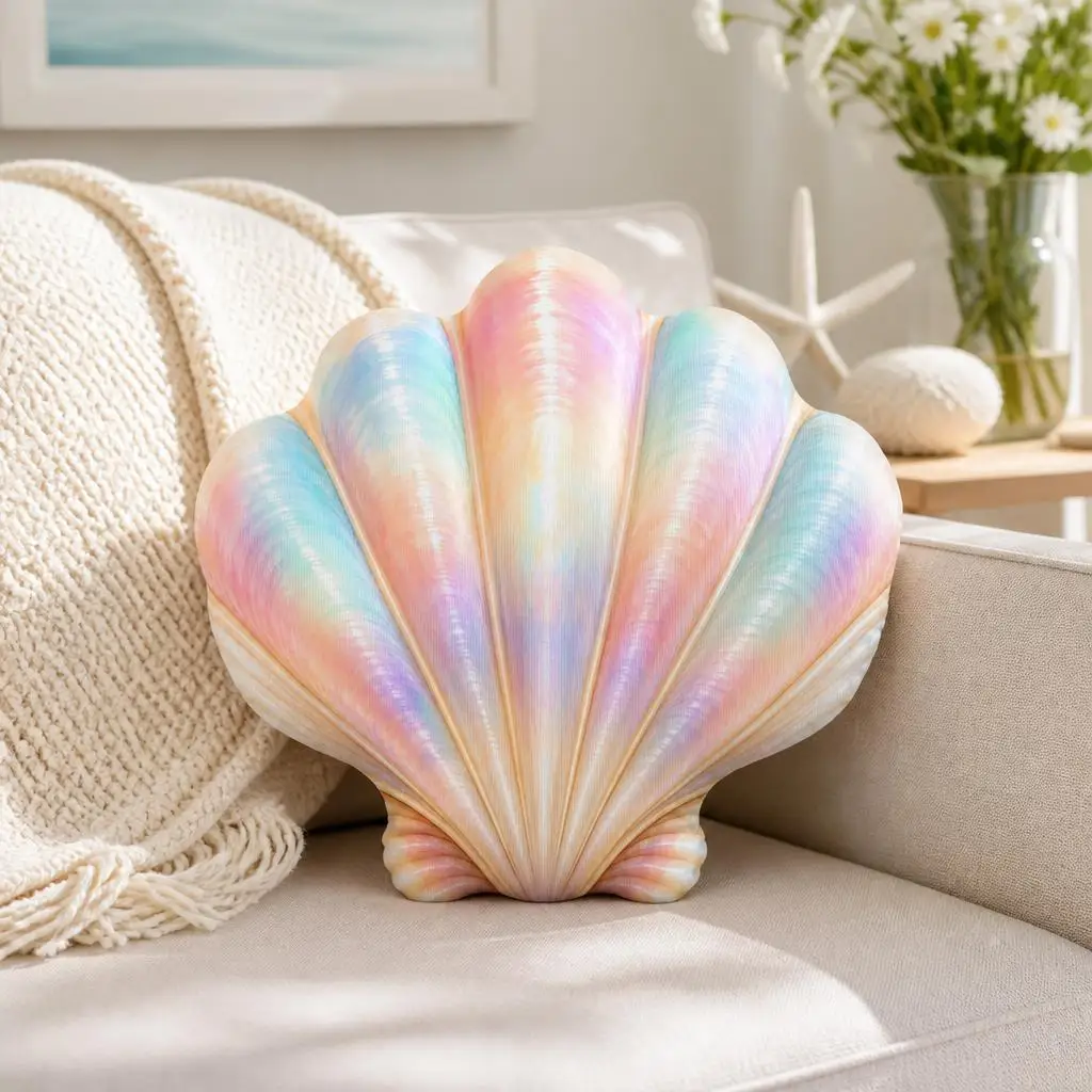 Iridescent Scallop Shell Throw Pillow Pastel Coastal Cushion Shaped Stuffed Decorative Pillow for Beach House Decor Accent