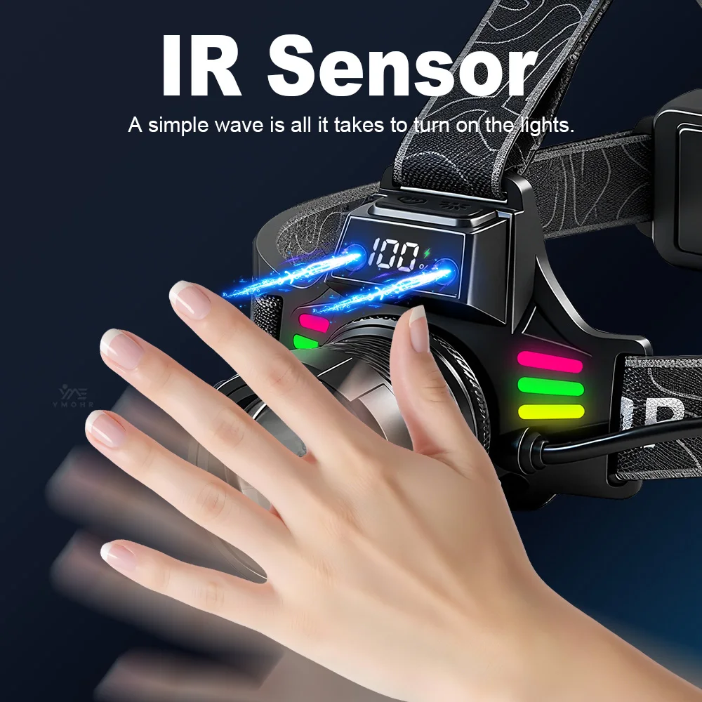 Linterna Frontal 2000 Lúmenes Recargable, Enfoque Ajustable, 2x18650, Impermeable, 3 Colores, para Senderismo, Camping y Pesca