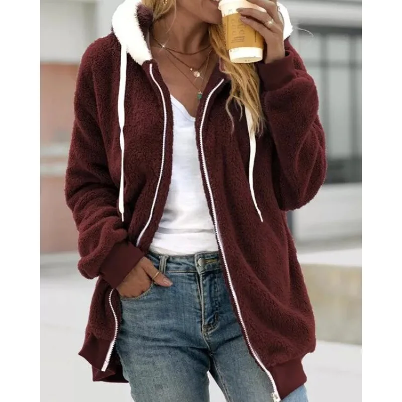 Donne autunno inverno sciolto peluche cerniera giacca con cappuccio cappotto caldo moda Casual giacca Outwear