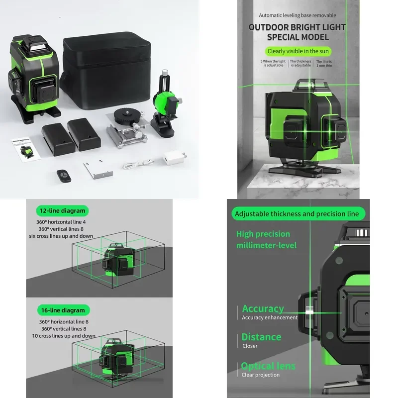 

16-Line Green Industrial Construction Level 360-Degree Self-Leveling 40m Working Distance DIY Level