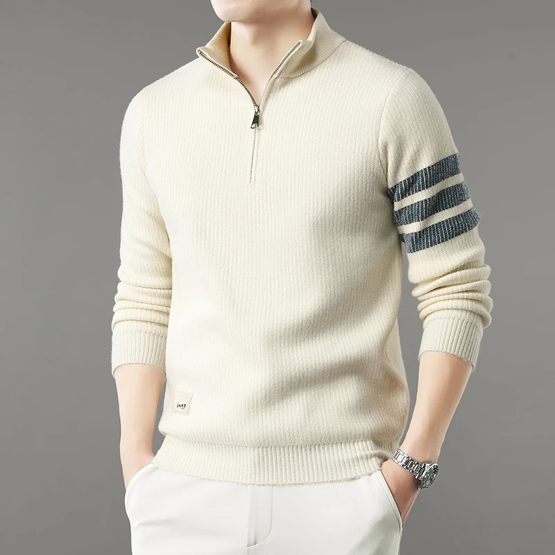 เสื้อสเวตเตอร์ถักคุณภาพสูงแบบใหม่ ซิปครึ่งตัว สำหรับผู้ชาย ฤดูใบไม้ร่วงและฤดูหนาว แขนยาว เสื้อสเวตเตอร์ถัก เสื้อสเวตเตอร์พื้นฐาน
