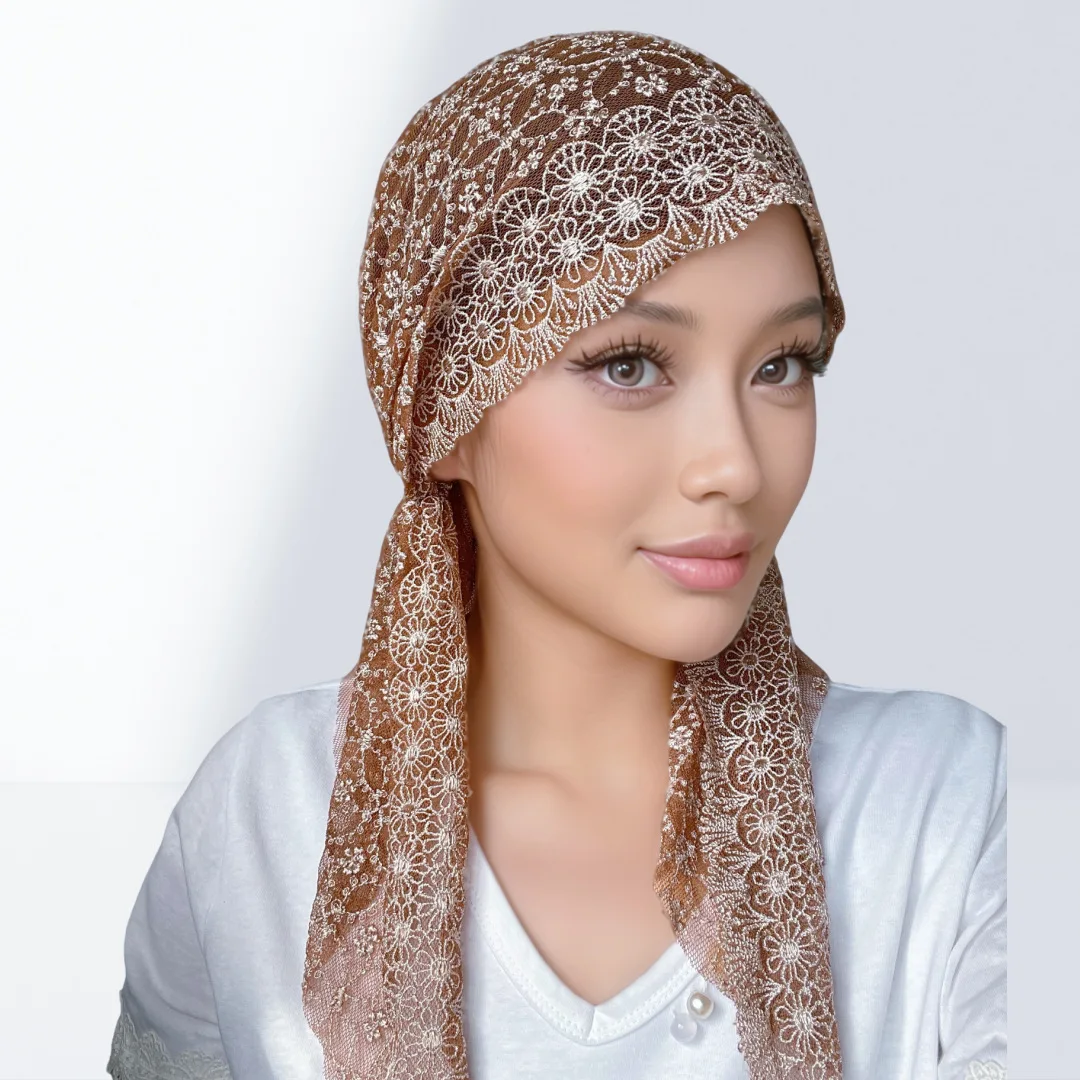 Chapeau foulard en dentelle brodée de luxe – Turban pull pour femmes, couvre-cheveux à la mode et voile de beauté