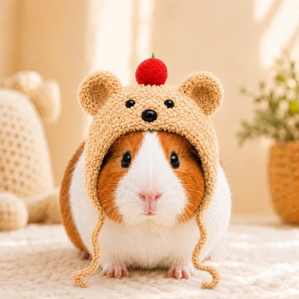 Adjustable Ties Small Pet Crochet Hat Bear-Shaped Soft Skin-Friendly Guinea Pig Costume Hat Shape-Retaining Sunflower