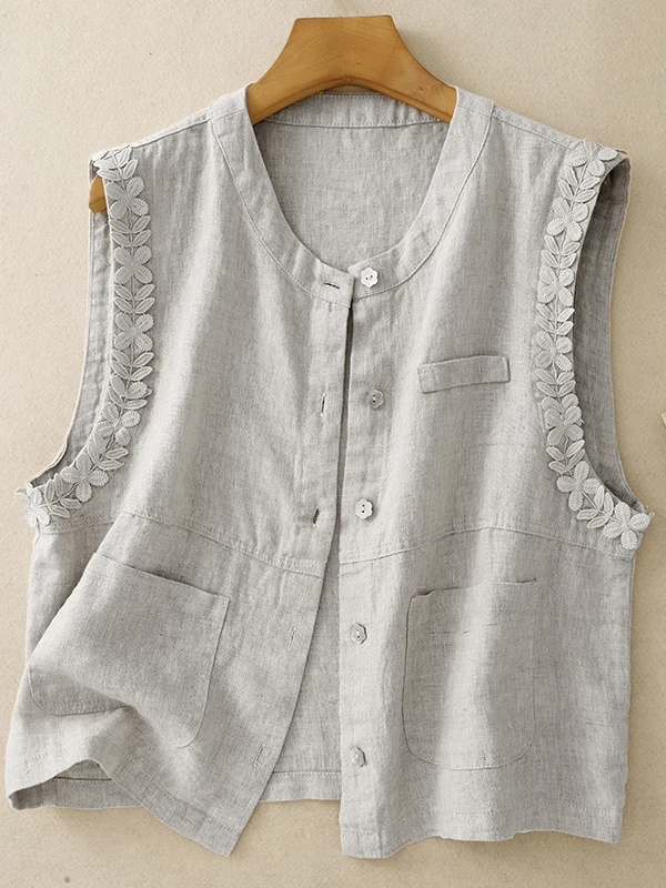 

Льняной жакет с кружевной отделкой для похудения, удобный многослойный жилет для поездок на работу, круглая застежка на одной пуговице, обычная длина