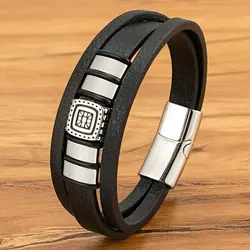 XQNI Classic Hand-Woven Leather Bracelet Multi-layer Men Stainless Steel Punk Magnetic Clasp Bangle for Friend Charm Jewelry
