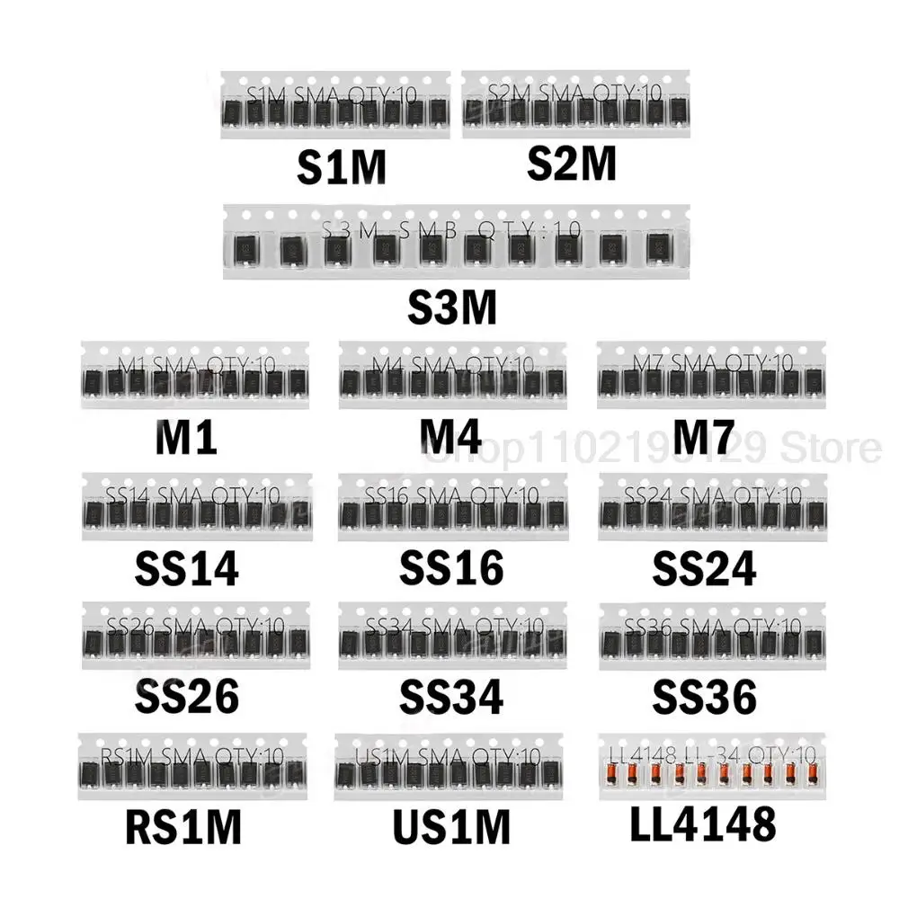 Set Kit Beragam Diode Schottky Sakelar Cepat SMD M1 M4 M7 S1M S2M S3M SS14 SS16 SS24 SS26 SS34 SS36 RS1M US1M LL4148