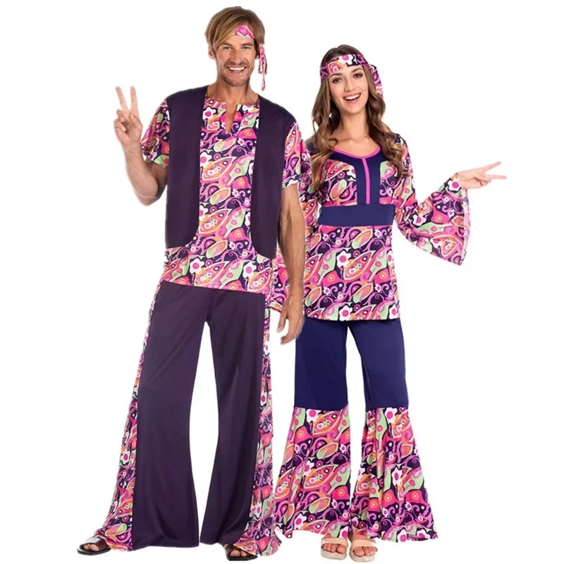 

Halloween Carnival Party 60s 70s Hippie Cosplay Costume Stage Performance Peace Love Vintage Disco Couple Fancy Dress