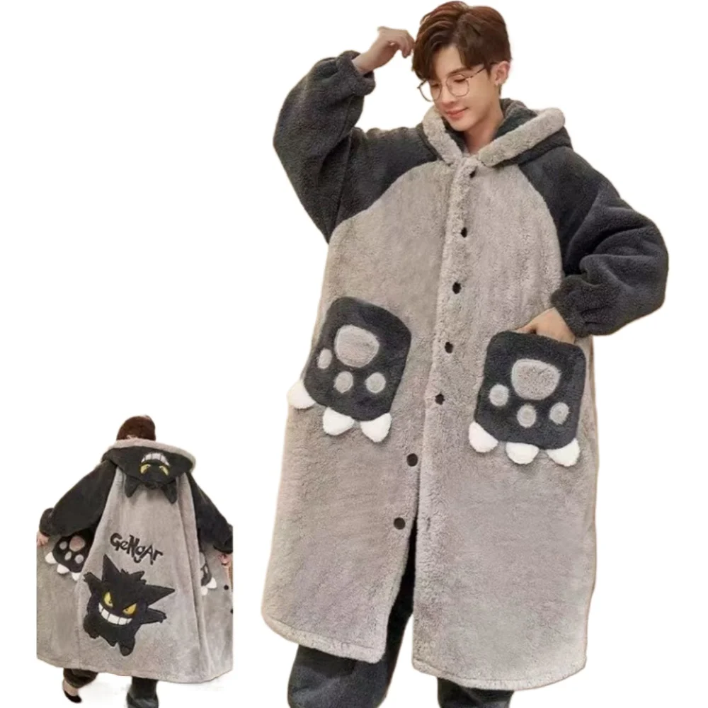 Gengar منامة دعوى أنيمي بوكيمون الشتاء المرجان الصوف ثوب النوم حجم كبير من سميكة الدافئة الكرتون الرجال مقنعين المنزل دعوى مجموعة #5