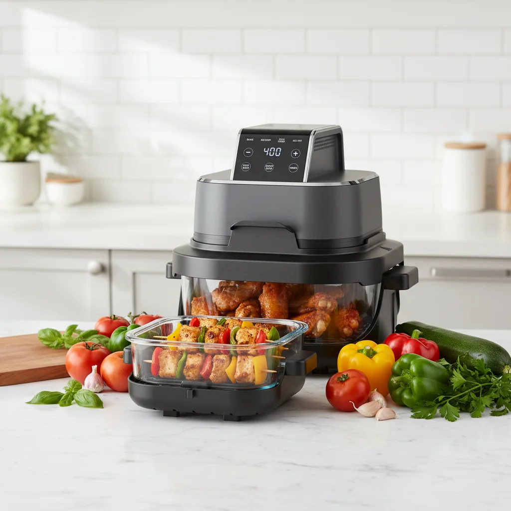 5.5L Square Air Fryer 2 Glass Bowls 1500W Digital 4-in-1 Bake Recrisp Max Crisp Nonstick Dishwasher Safe Oil-Free Cooking