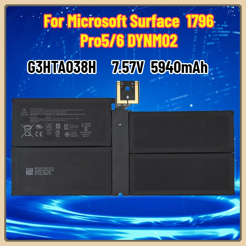 

7,57 В 5940 мАч G3HTA038H Аккумулятор для ноутбука, совместимый с Microsoft Surface Pro 5/Pro 6/1796/1807 Book Series DYNM02