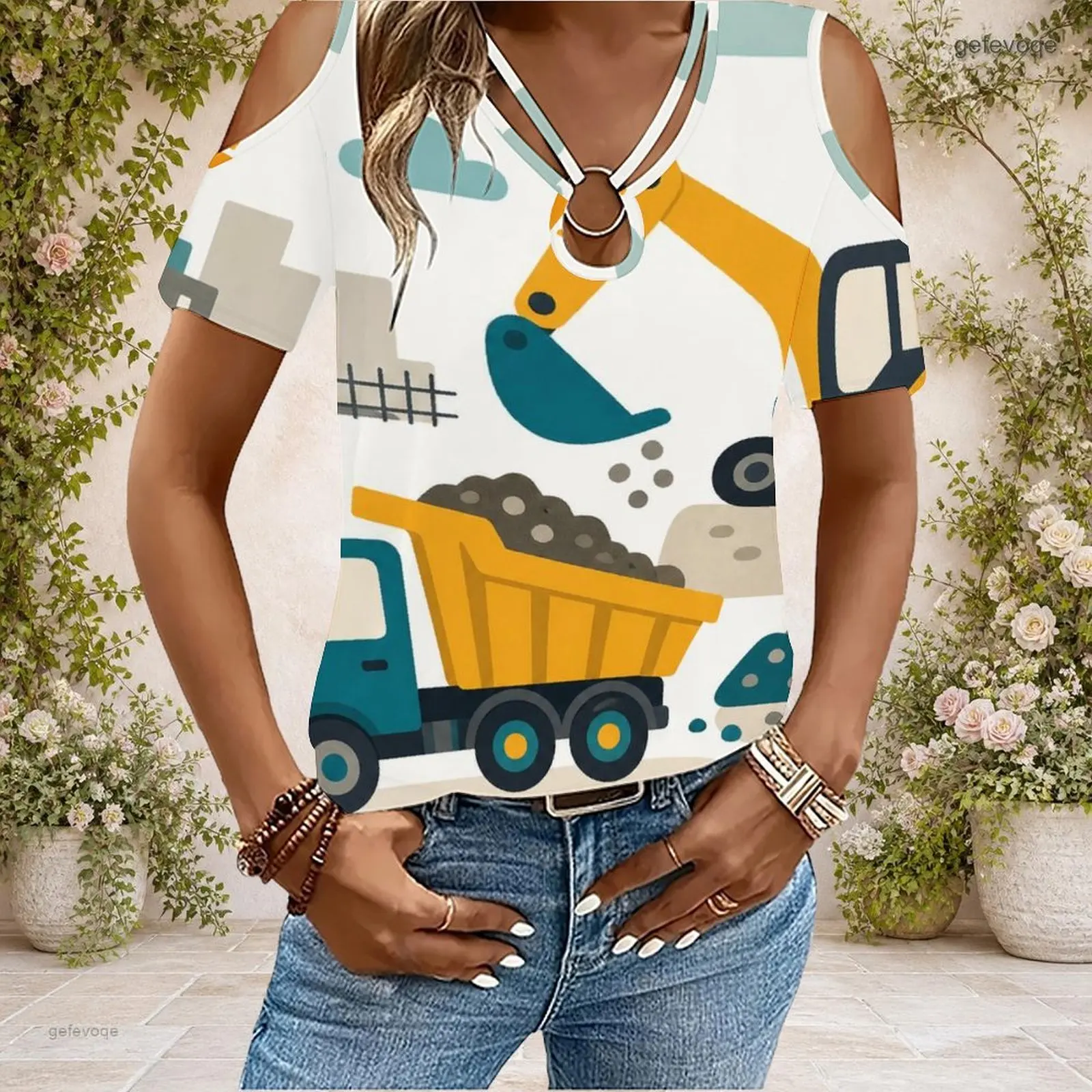 Women Cold Shoulder Short Sleeve T Shirt V Neck O Ring Keyhole Cutout Loose Casual Top Custom Print Ladies Daily Blouse