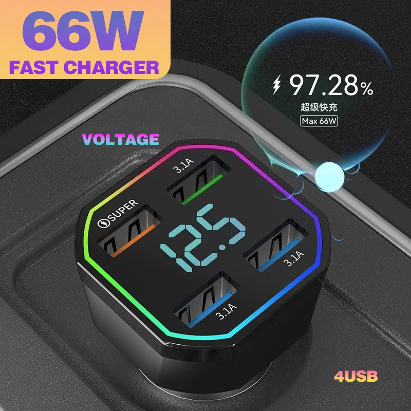 66W 4Port USB Digital Real-time Voltage car charger QC3.0 PD car Super Fast charger for Phones Car cigarette lighter adapter