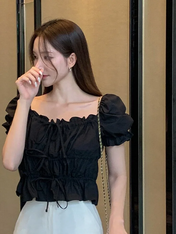 Chic Retro Women's Bubble Sleeve Shirt Drawstring Square Neck  Knot Belted Wood Grain  Short Sleeve Blouse