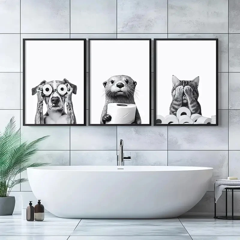 3pcs/Set Pet Animals Such As Cats, Dogs, Otters, Bathroom Canvas Prints, Toilet Paper, Artistic Walls, Modern Home Decoration