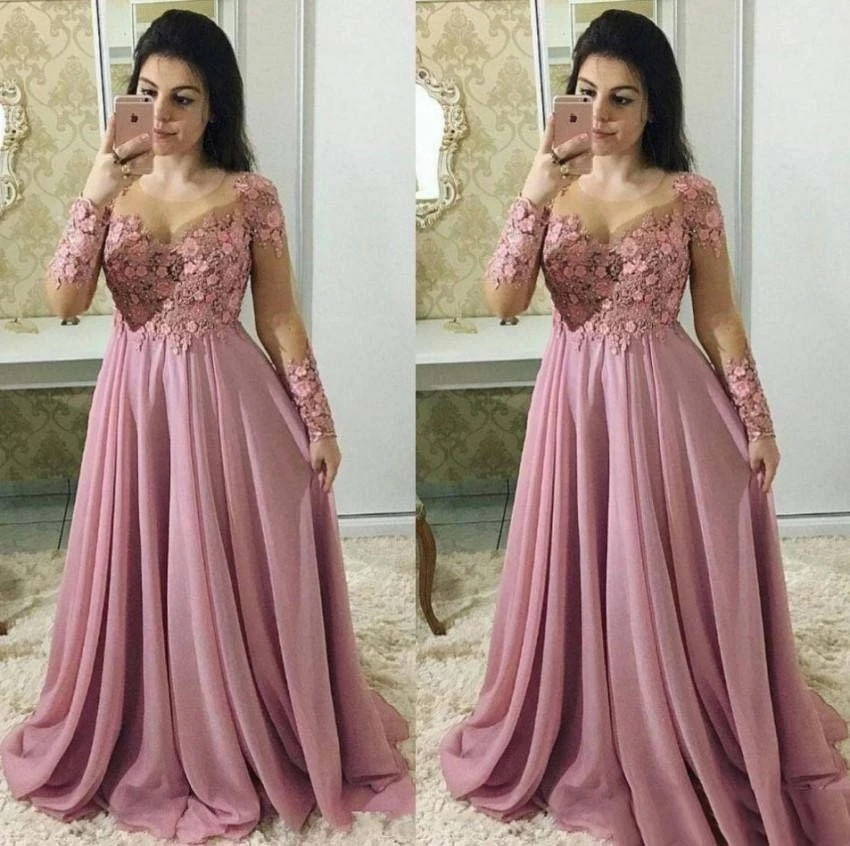 Abiti da madre della sposa rosa polveroso con maniche lunghe abito da sposa in Chiffon con collo gioiello trasparente abito da sera taglie forti