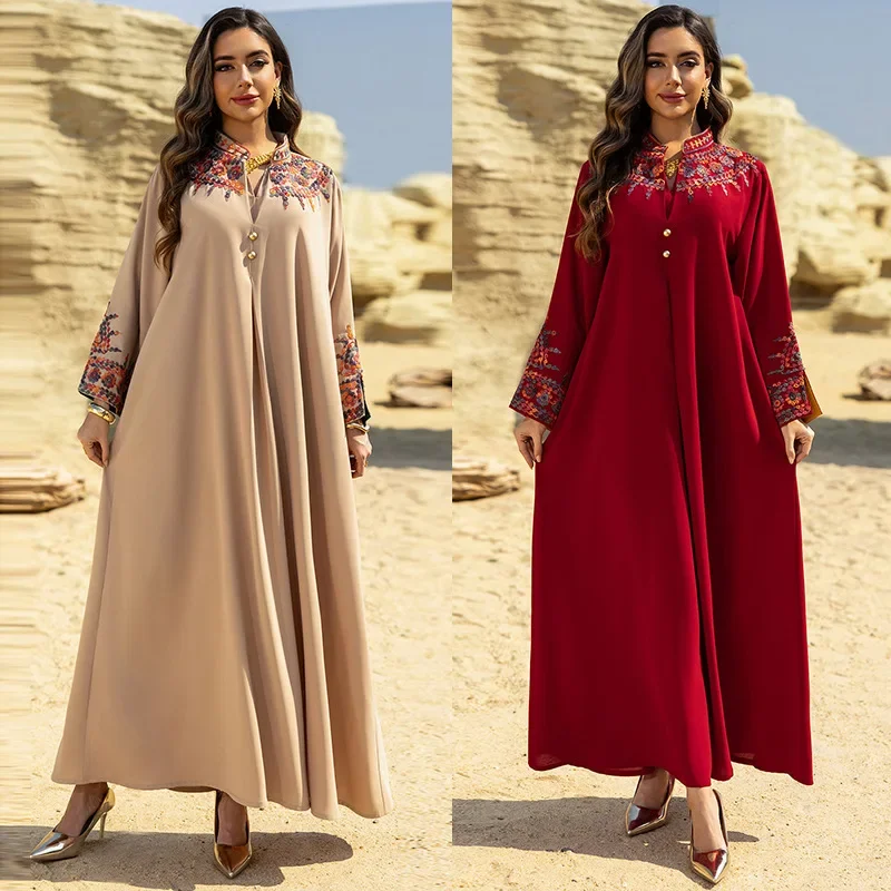 Muslim  Long Robe   Fashion New Dubai Embroidered Floral Dress Jalabiya Robe Loose Maxi Abaya