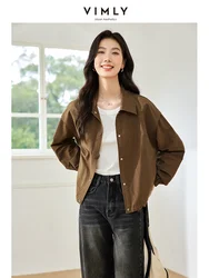 VIMLY Women's Simple Short Jacket Coat Autumn Button Baseball Aviator Cropped Jackets for Women Long Sleeve Commuter Outerwear