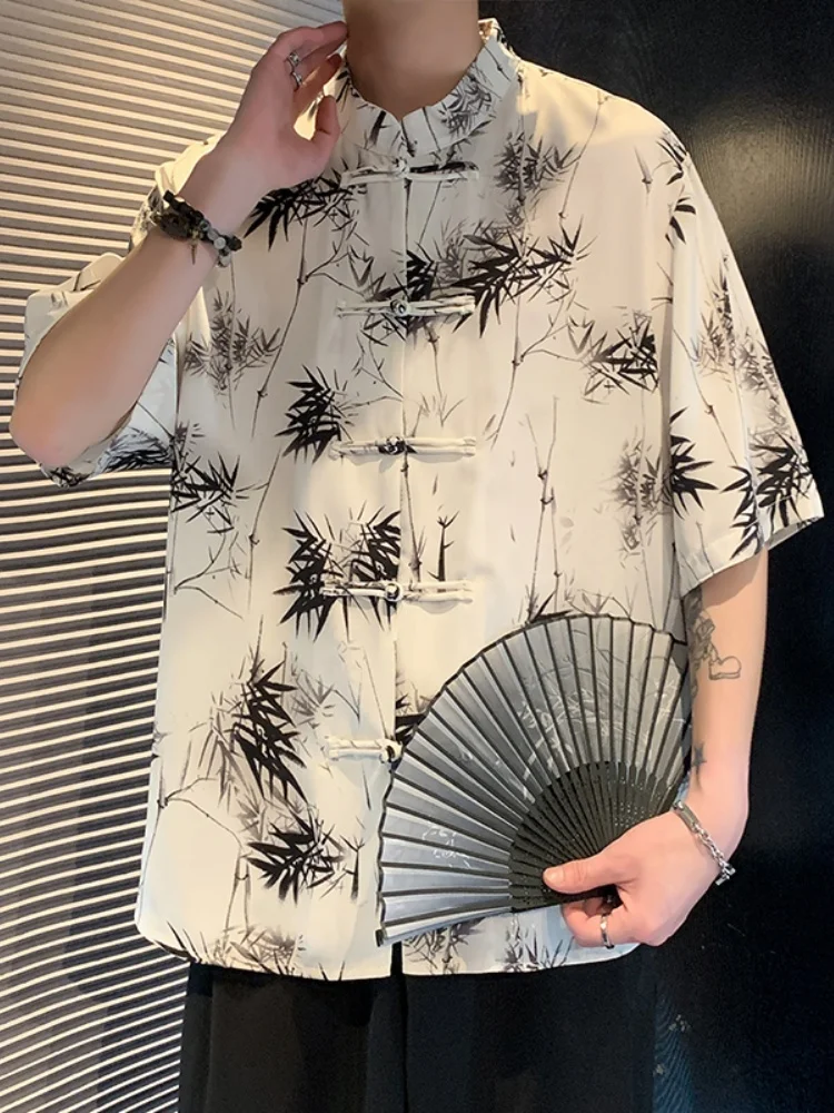 

Ice Silk ort Sve irt Men's Summer Sle Tang Costume Hanfu New Chinese Sle Button up Top Thin Bamboo Print Casual irt