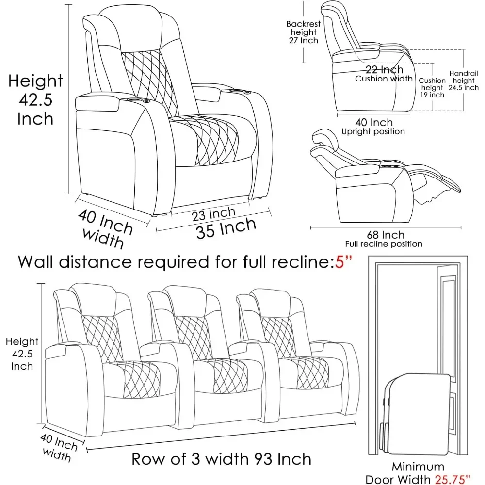 Home Theater Seating Top Leather Recliner Chair Power Headrest and Recline with Tray Table Cup Holder Movie Seats Gaming Sofa