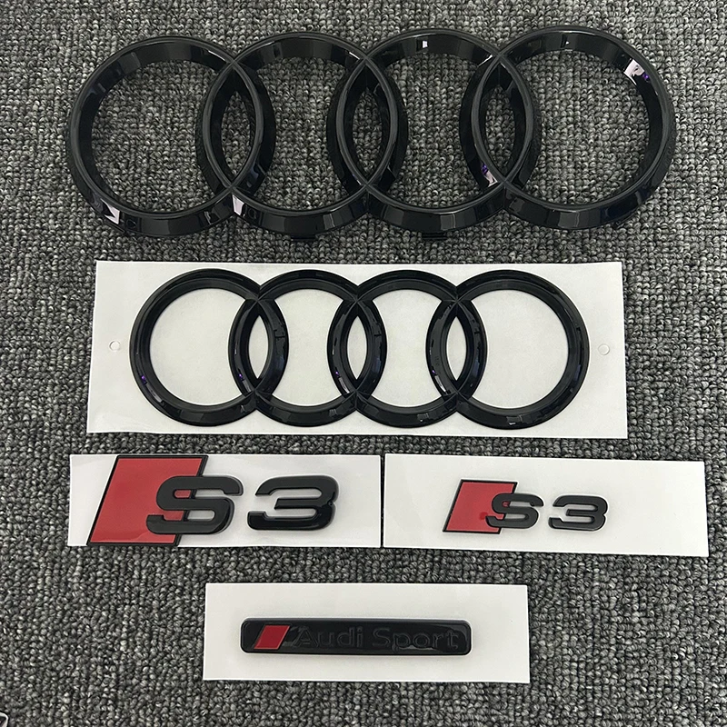 Audi 4Ring logo ABS Black Car Hood Front Grill Emblem Rear Trunk Badge Sticker 2P S3 1P Audi Sport For AUDI S3 2010-2020