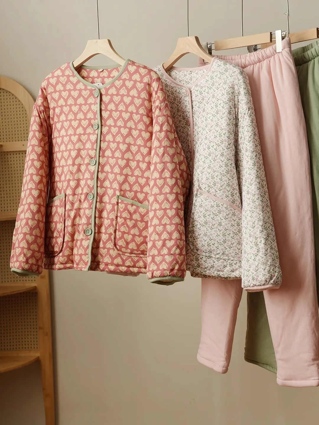 

Thiened Pure Cotton Warm Spwear Set for Women Country Sle Winter Series Long Sve round Ne Cotton Pajamas Suit