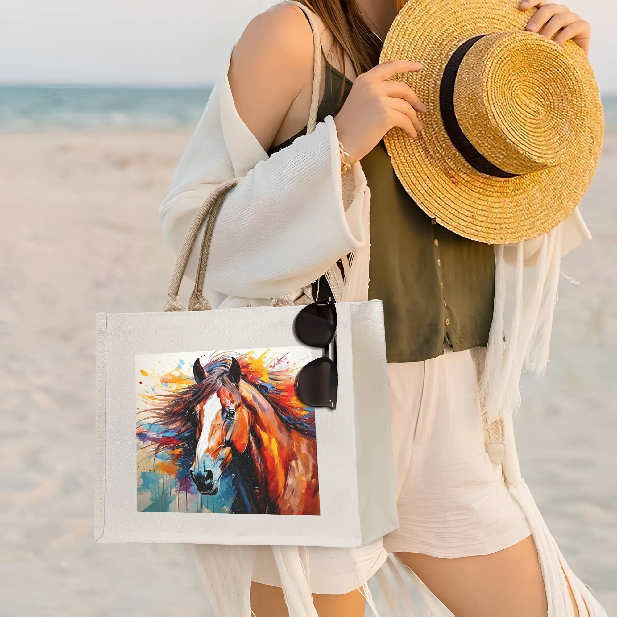 

Художественная холщовая сумка-тоут с изображением лошади, складная, для женщин, на плечо, дорожная сумка