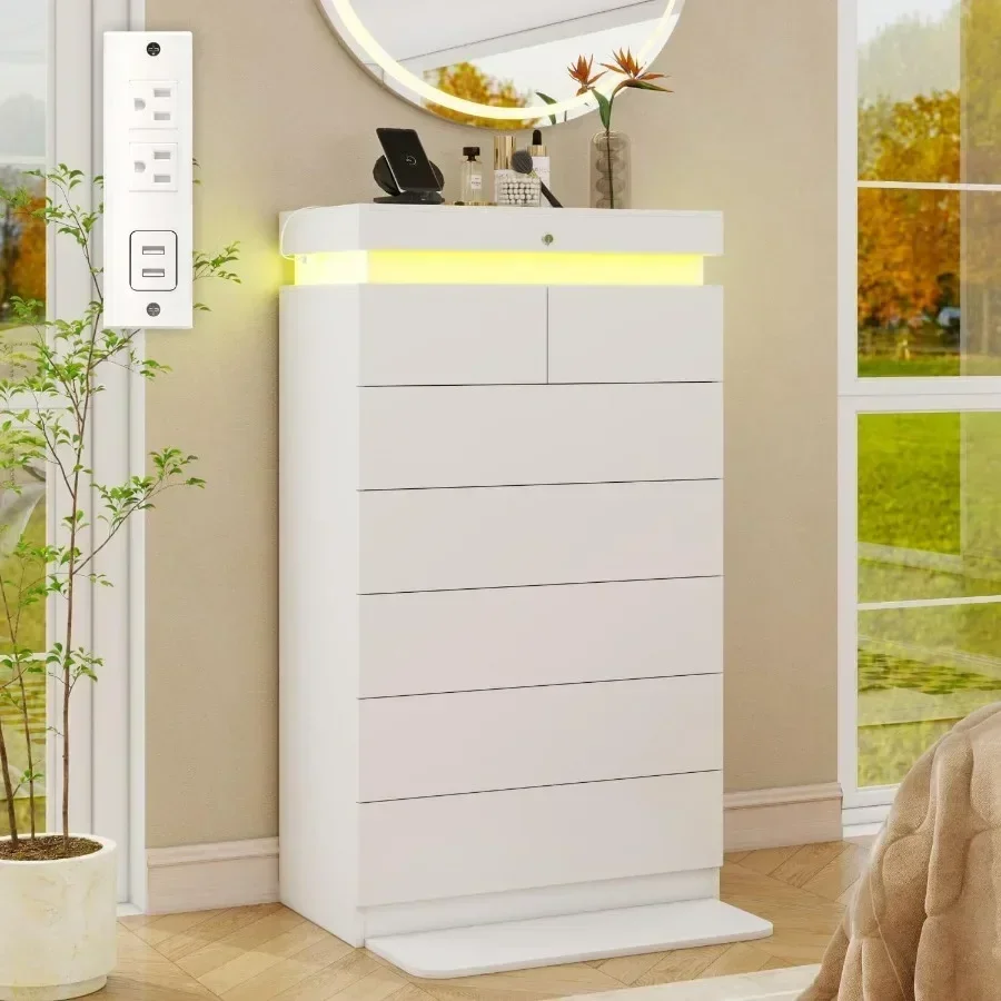Tall 7 Drawer Dresser with LED Light and Power Outlet, 51.3