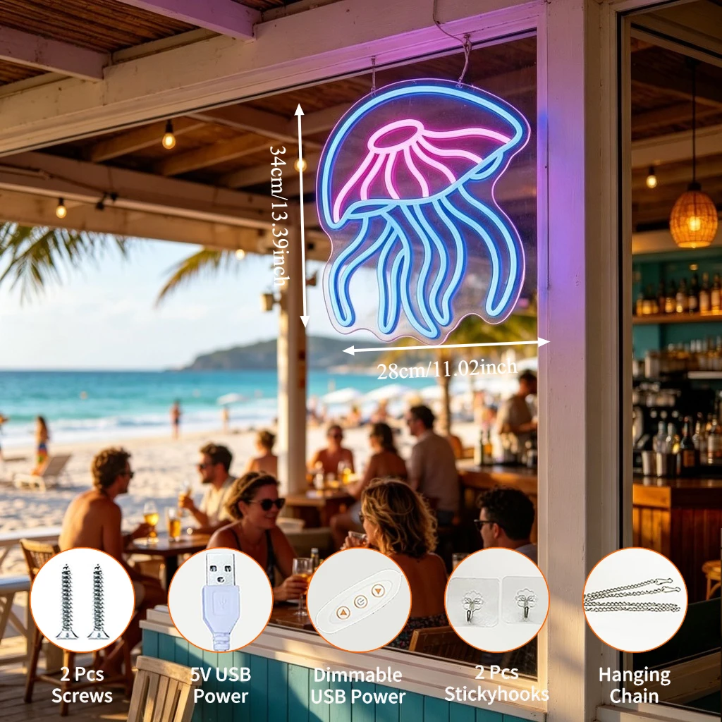 Jellyfish Neon Sign LED Light for Kids Room Bedroom Decor USB Rechargeable Wall Art Sign Ocean Animal Theme Lighting Gift