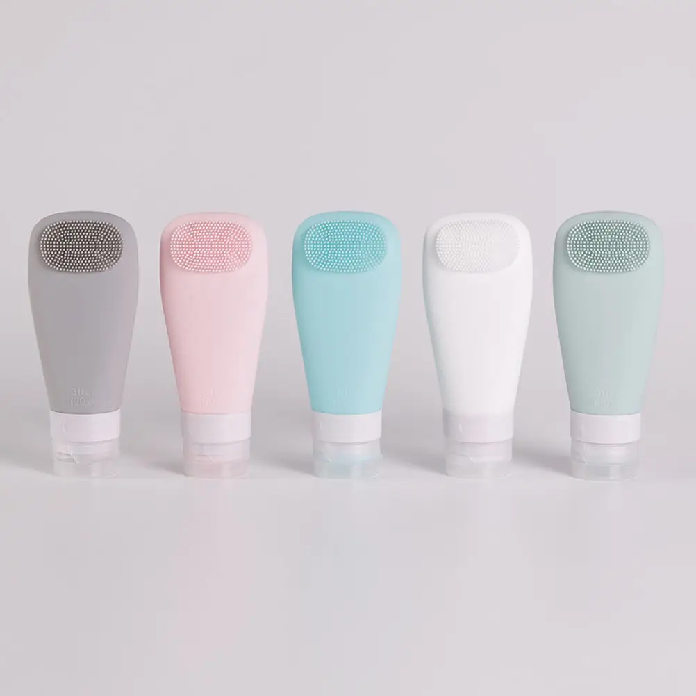 5Pcs Sturdy Silicone Bottle Set Refillable Leakproof Travel Bottles with Brush for Lotion Cream Cleanser Sunscreen Dispenser