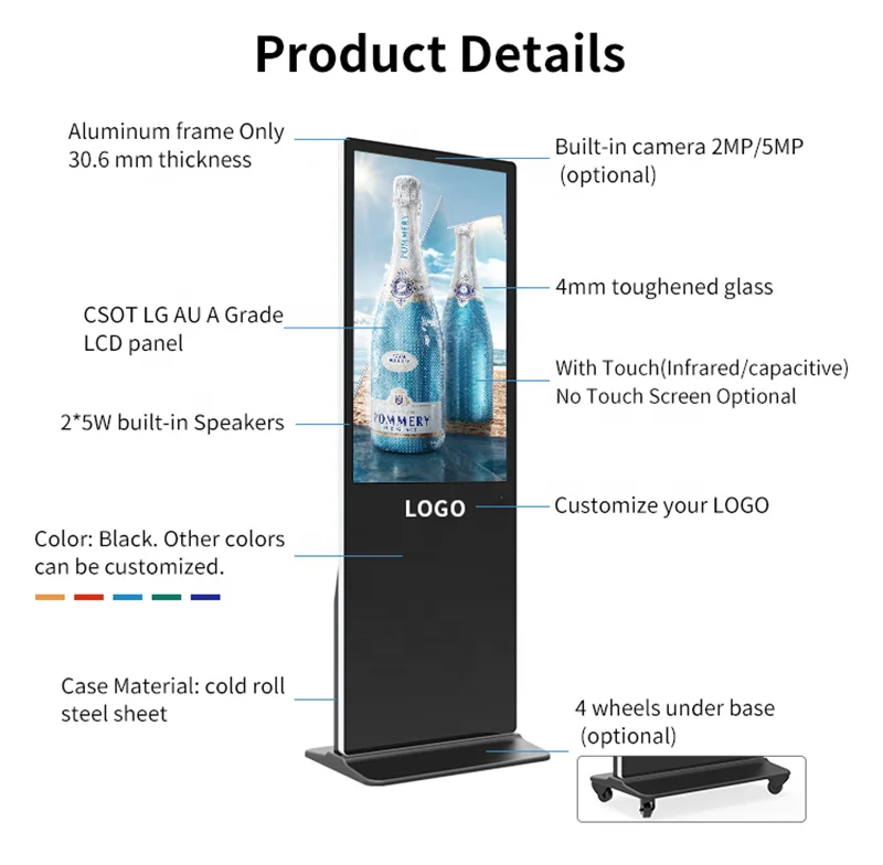 55inch 2K Android LCD Signage Advertising Display Board Indoor Use For Shopping Mall Subway Welcome Display Floor Installation