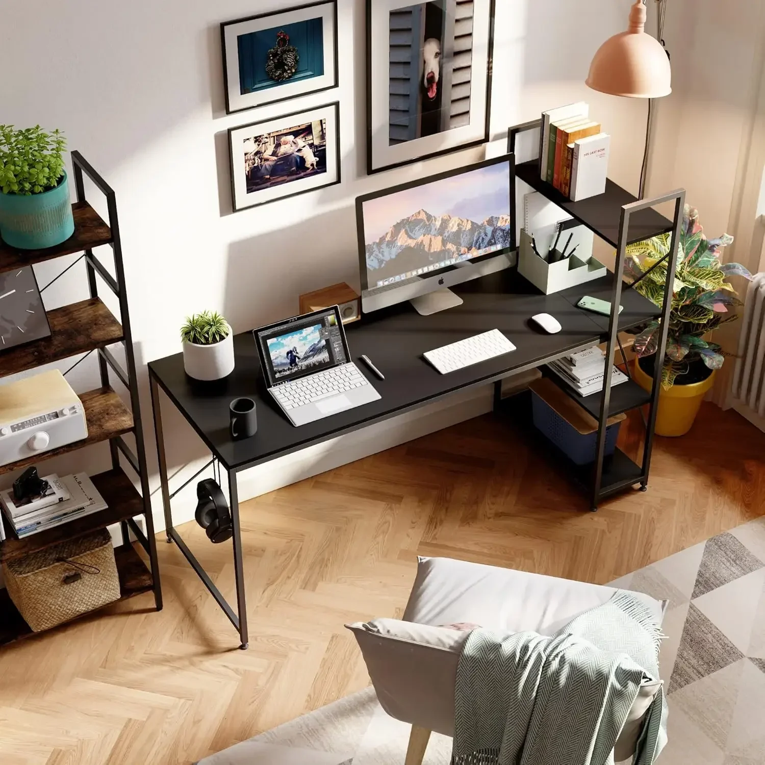 63 Inch Computer Desk with Adjustable Shelves, Simple Writing Desk with Reversible Bookshelf