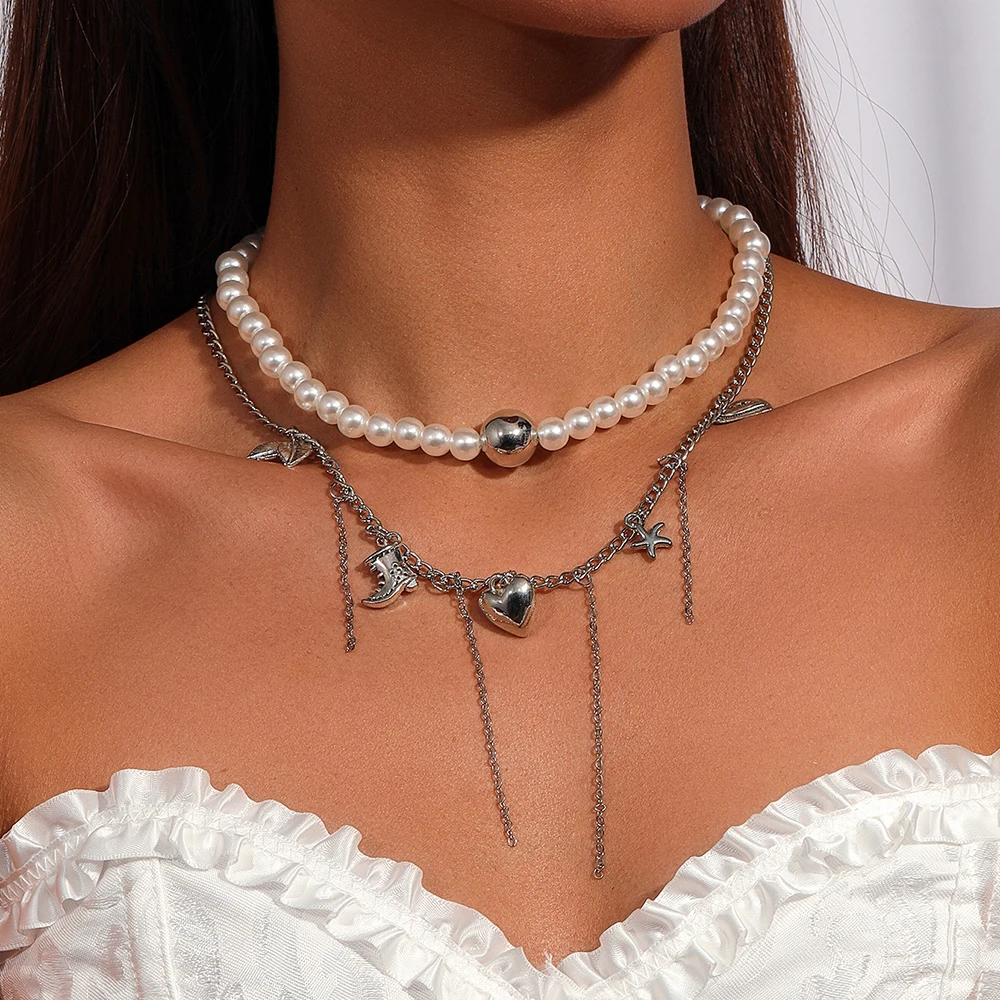 2 stücke Exquisite Perle Perlen Halsband Halskette Multi-schicht Herz Halsketten Anhänger für Frauen Hochzeit Schmuck Geschenke