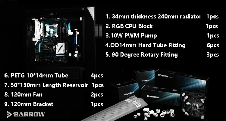 Barrow Water Cooling Kits OD14mm Hard Tube + 240mm Radiator + CPU Block + Pump + Reservoir use for AM3 AM4 + Intel 115X 2011 X99