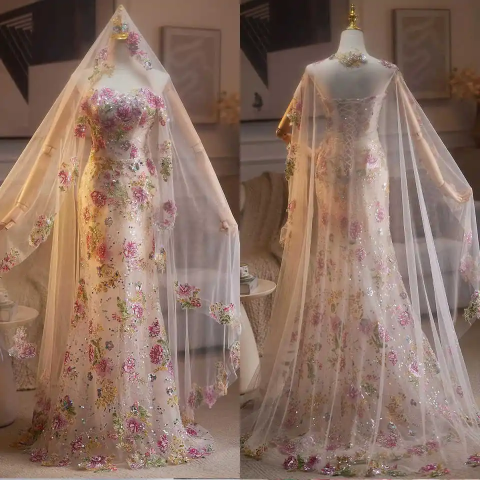

Illusion Flowers Wedding Dress Strapless Sleeveless Embroidery Crystal Bride Toast Dress Vestido De Novia Customized
