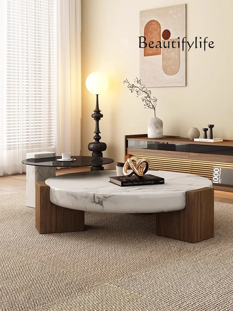 

Nordic Style round Marble Solid Wood Tea Table Living Room Home Small Apartment Simple Low Table