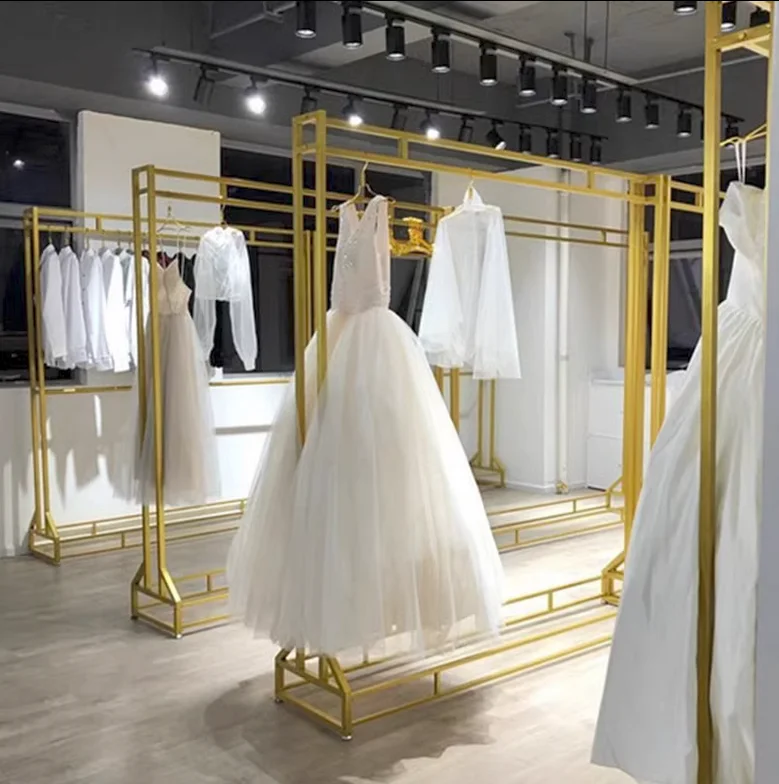 

Wedding Dress Shop Wedding Dress Rack Floor to Floor Display Iron Cloth Rack Gold Hanging Wedding Dress Rack Display Rack