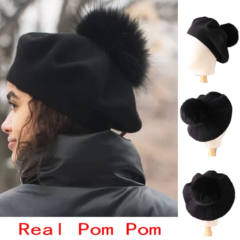 Autumn Winter Black Real Fur Pom Pom Wool Berets Women Casual Knitted  Beret with  Ladies Cashmere Winter Hat Female