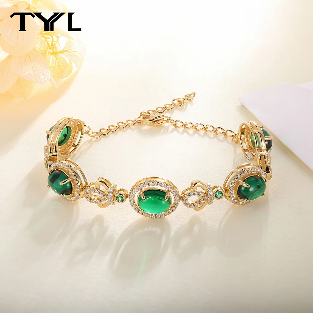 

Винтажный браслет TYYL с изумрудами и вставками из муассанита, позолоченный 14-каратным золотом, элегантная цепочка с цветочным узором, роскошное ювелирное украшение, подарок для женщин