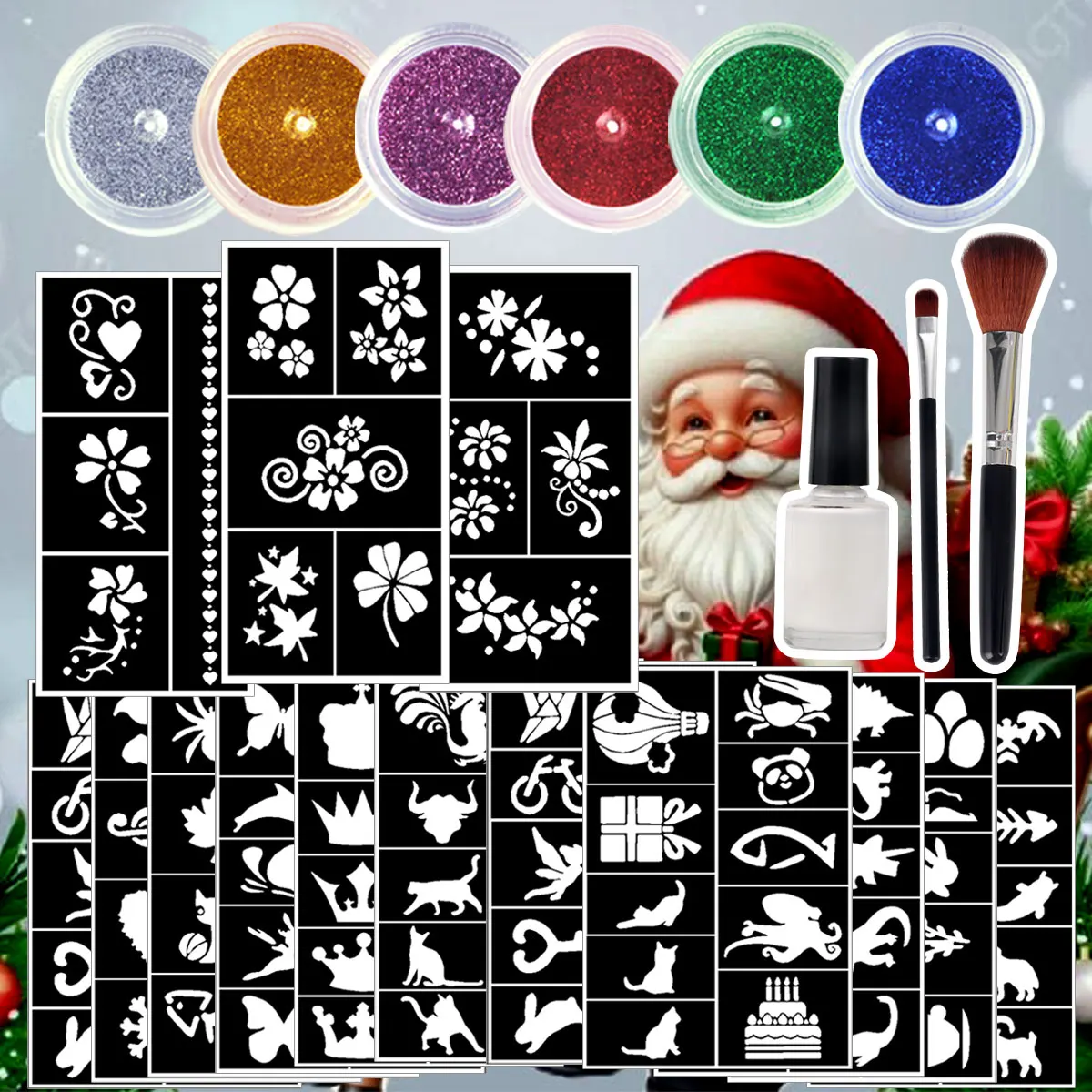

Temporary Body Paint Glitter Tattoo Set, 6 Fun Colors Glitter Tattoos, Suitable for Body Painting, Comes with 14 Unique Templates, Mold Patterns and Glue Brush, Easy to Apply and Remove, Suitable for Makeup, New Year, Holiday Gifts, Costume Parties