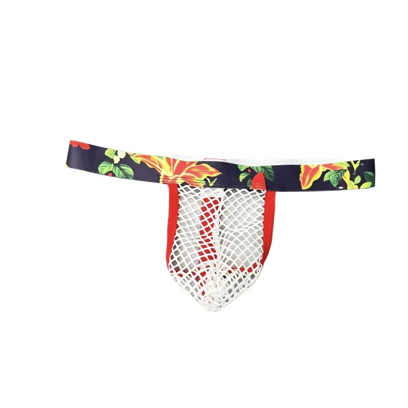Men's Sexy Thongs G String Hollow Mesh Floral  Printing Wide Waist Low Waist Underwear Jockstrap Briefs Enhance T-Back