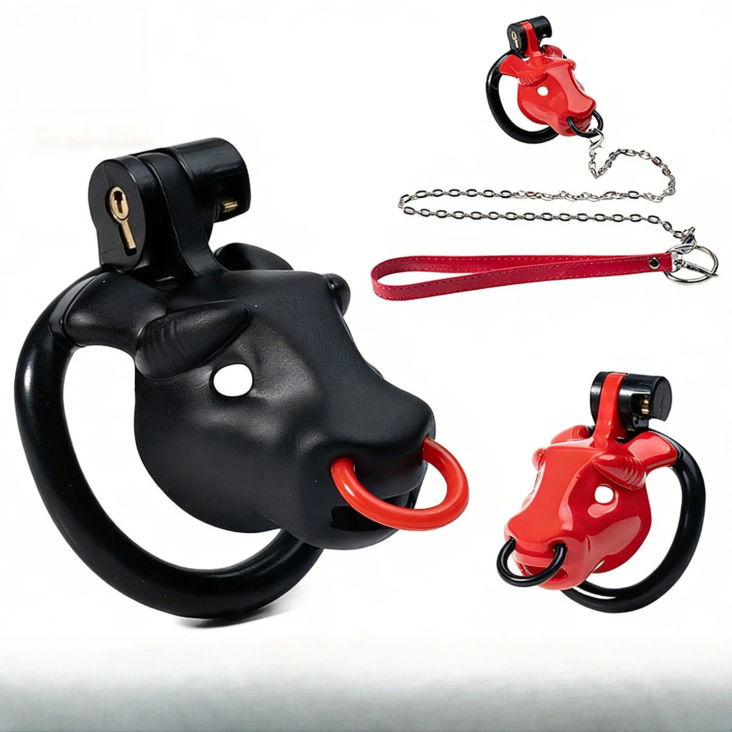 Chastity Cage Set with Chain Strap & Padlock Bull Head Shape with Nose Ring Adjustable Base Ring Adult Novelty for Men