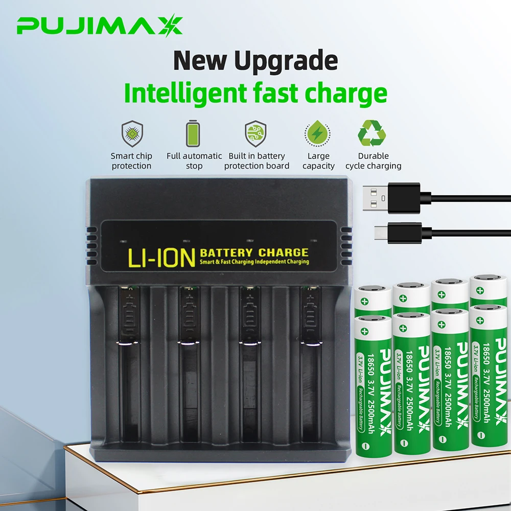 PUJIMAX 2–10 Stück 18650 wiederaufladbare Batterie, 3,7 V, 2500 mAh, 18650 Lithium-Ionen-Akku für Zeiger, Türklingel, Taschenlampe