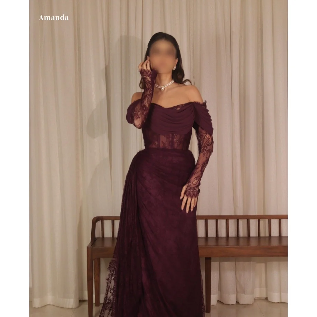 

Amanda индивидуальное бордовое платье для выпускного вечера с открытыми плечами и длинными рукавами, платье с прозрачным лифом, элегантное платье с приталенной талией