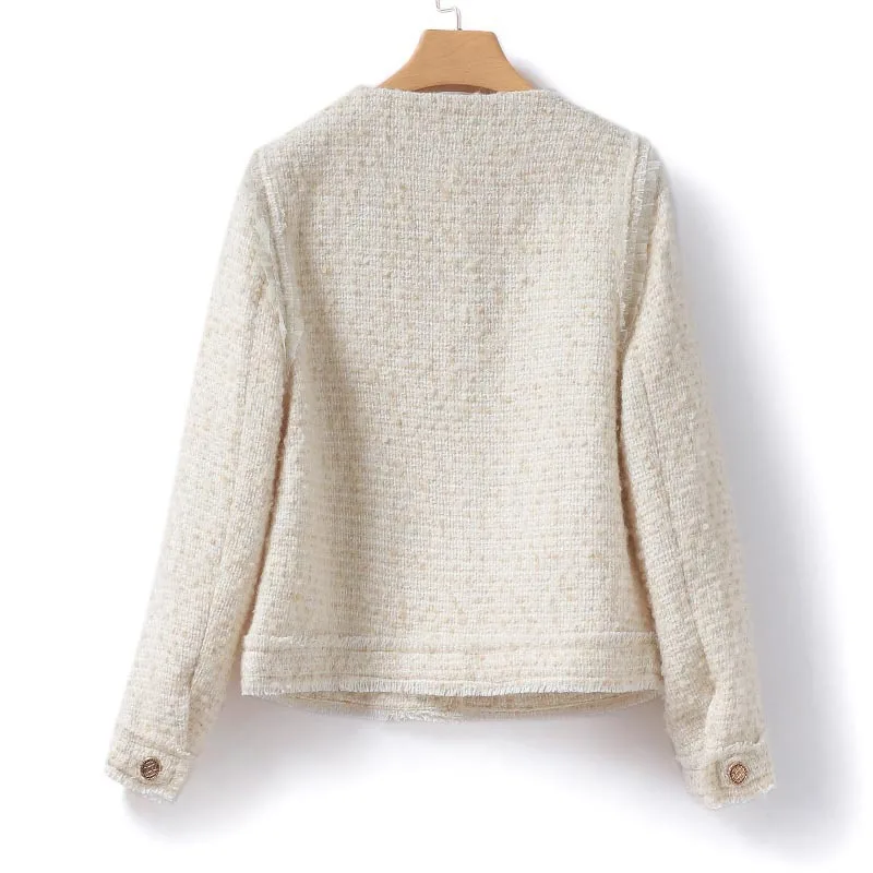 Women's solid color coarse woolen coat 2025 new spring/autumn small fragrance style top round neck coat